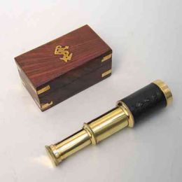 Small Brass Telescope with Pullout Wooden Box; Gold and Brown