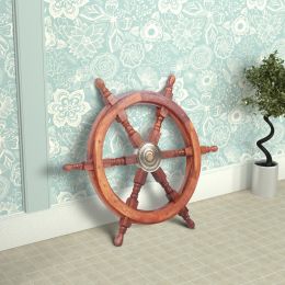 18" Teak Wood Ship Wheel with Brass Inset and Six Spokes; Brown and Gold