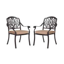 Set of 2 Stackable Outdoor Patio Dining Chairs with Cushions, Cast Aluminum Frame, Metal Rust-Free Furniture for Lawn Garden Backyard, Dark Brown