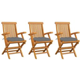 Garden Chairs with Gray Cushions 3 pcs Solid Teak Wood