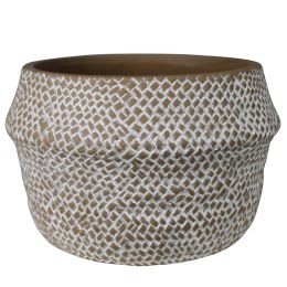 8 Inch Cement Cachepot; Textured Seagrass Design; Large; Brown; DunaWest