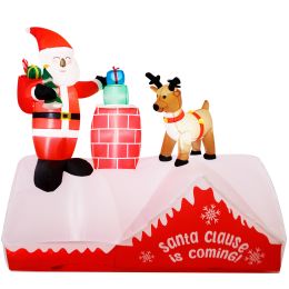 8FT Christmas Inflatable Decoration Santa with Giftbox and Reindeer Standing on The Roof;  Holliday Decoration;  LED Lights Blow Up Yard Decor