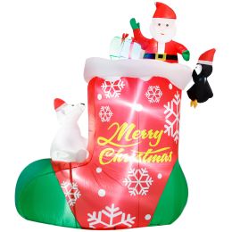 8FT Christmas Inflatable Decoration Bear Sitting on The Sock with Santa and Gift Box;  Holliday Decoration;  LED Lights Blow Up Yard Decor