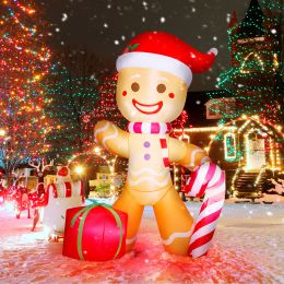 8FT Christmas Inflatable Decorations Gingerbread Man with Santa Hat;  Holliday;  LED Lights Blow Up Yard Decor;  8 Feet High;  Brown