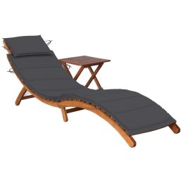 Patio Sun Lounger with Table and Cushion Solid Acacia Wood