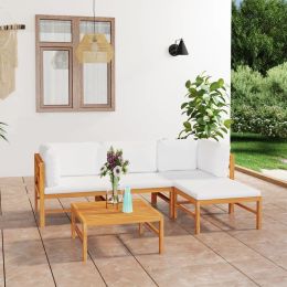 5 Piece Patio Lounge Set with Cream Cushions Solid Teak Wood