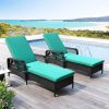 Outdoor patio pool PE rattan wicker chair wicker sun lounger, Adjustable backrest, beige cushion, Black wicker (2 sets)