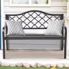 50" Outdoor Patio Bench, Cast Iron 2-Person Metal Bench with Basket-Weave Design Backrest, Patio Furniture Chair for Porch Park Garden, Dark Brown