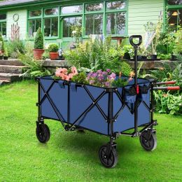 Outdoor Folding Wagon Cart with Adjustable Handle and Universal Wheels (Color: Navy)