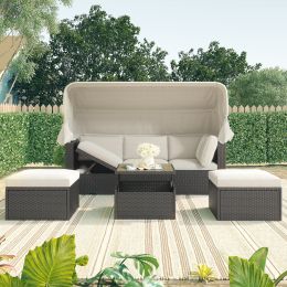 Outdoor Patio Rectangle Daybed with Retractable Canopy, Wicker Furniture Sectional Seating with Washable Cushions, Backyard, Porch (Color: Beige)