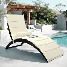 Patio Wicker Sun Lounger, PE Rattan Foldable Chaise Lounger with Removable Cushion and Bolster Pillow, Black Wicker and Beige Cushion (Color: Beige)