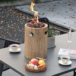 Outdoor 10inch  Round Concrete Tabletop Gas Firebowl, 10,000 BTU (Color: Round-Wood Pattern Brown)