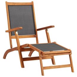 Sun Lounger Solid Acacia Wood and Textilene (Color: Brown)