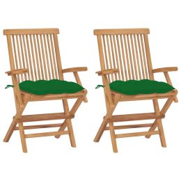 Garden Chairs with Green Cushions 2 pcs Solid Teak Wood (Color: Green)