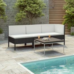 3 Piece Garden Lounge Set with Cushions Poly Rattan Black (Color: Black)