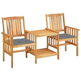 Garden Chairs with Tea Table and Cushions Solid Acacia Wood (Color: Brown)