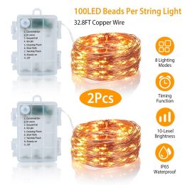 2Pcs LED String Lights 100LED Beads 32.8FT Copper Fairy Lights (Light color: Warm)