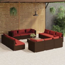 13 Piece Patio Lounge Set with Cushions Poly Rattan Brown (Color: Brown)