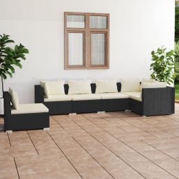 6 Piece Patio Lounge Set with Cushions Poly Rattan Black (Color: Black)