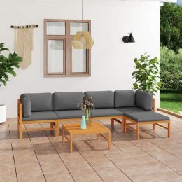 6 Piece Patio Lounge Set with Gray Cushions Solid Teak Wood (Color: Grey)