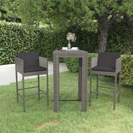 3 Piece Patio Bar Set with Cushions Poly Rattan Gray (Color: Grey)