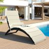 Patio Wicker Sun Lounger, PE Rattan Foldable Chaise Lounger with Removable Cushion and Bolster Pillow, Black Wicker and Beige Cushion