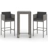 3 Piece Patio Bar Set with Cushions Poly Rattan Gray